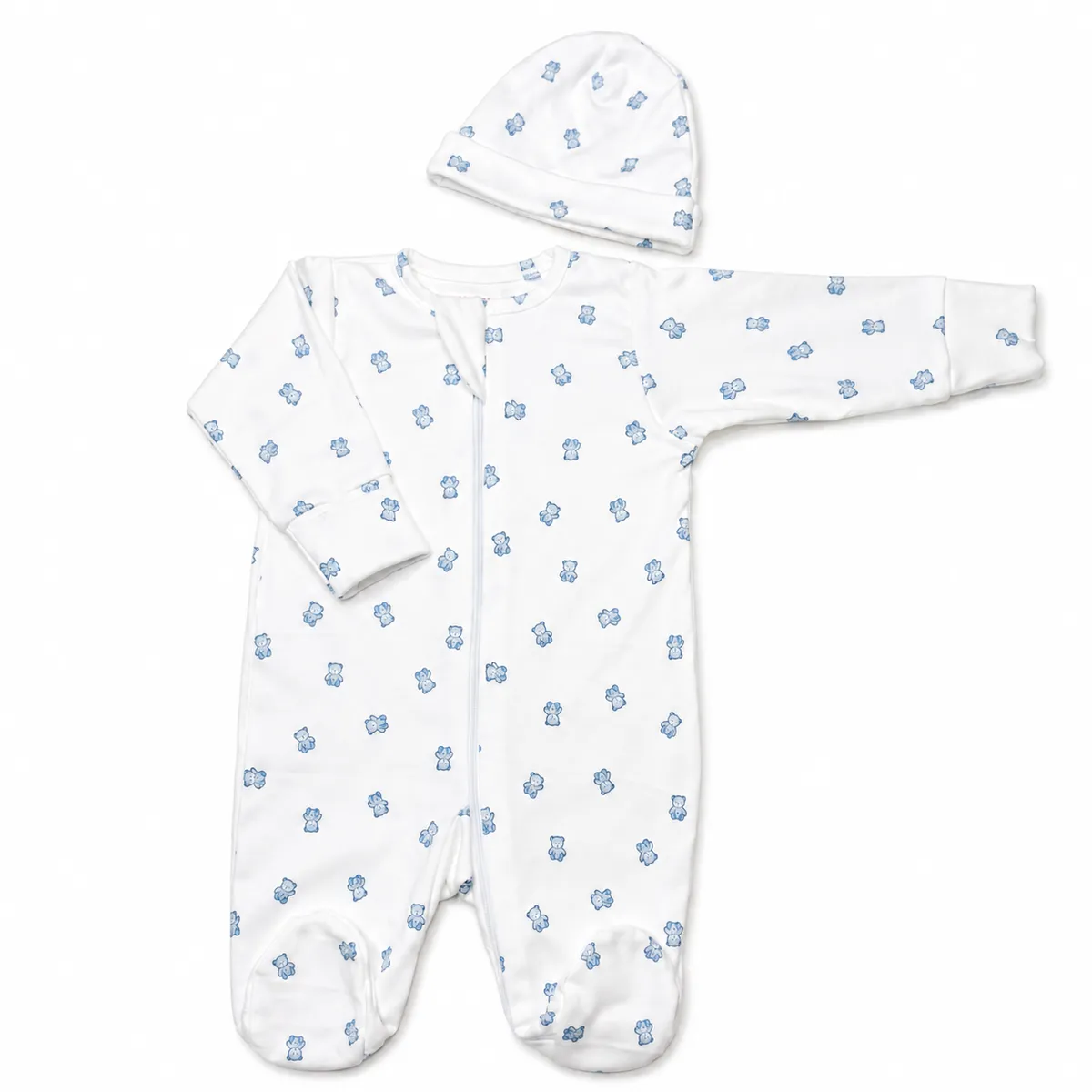 Sleep Suit With Cap - White Blue Teddy - 3-6 M image 1