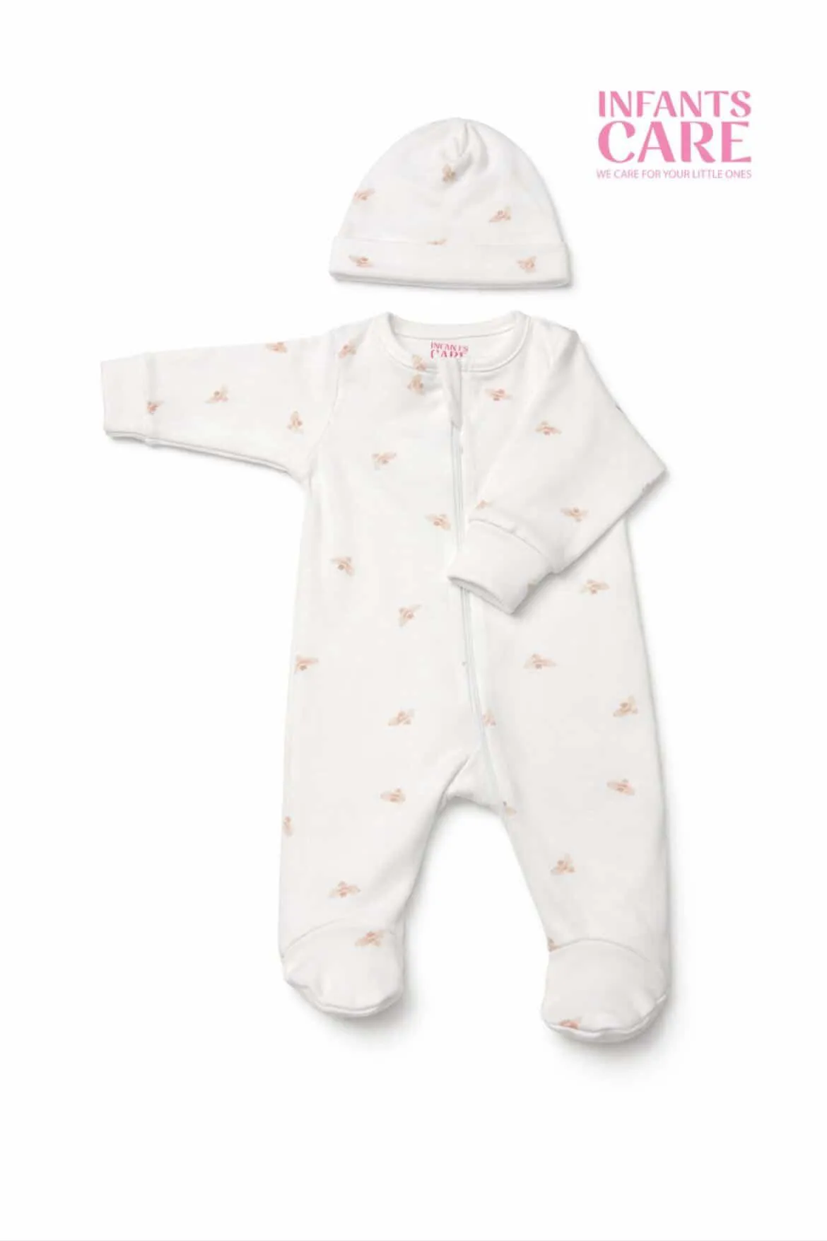 Sleep Suit With Cap - White Honey Bee - 3-6 M image 1