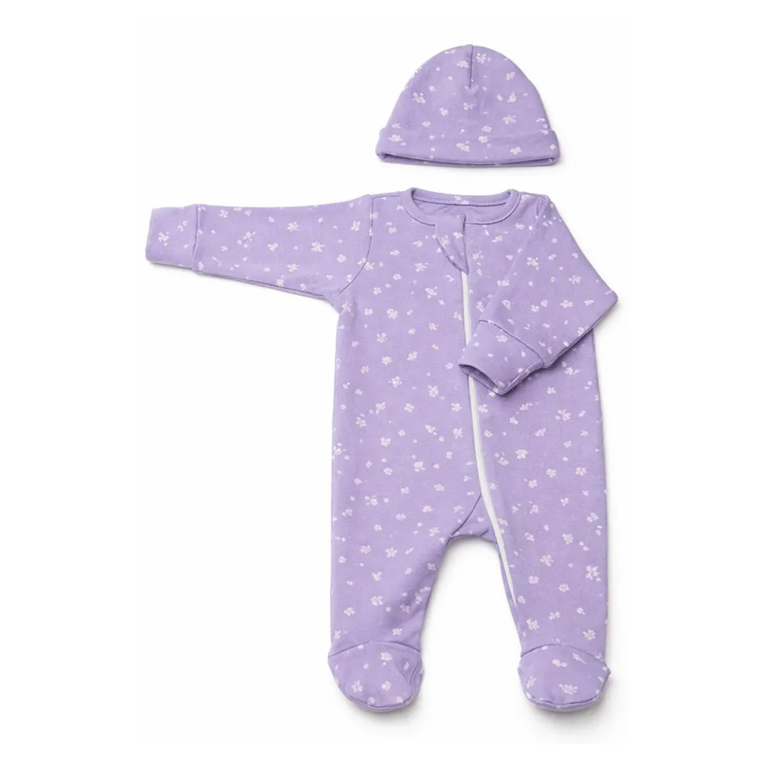 Sleep Suit With Cap – Purple Flower - 3-6 M image 1